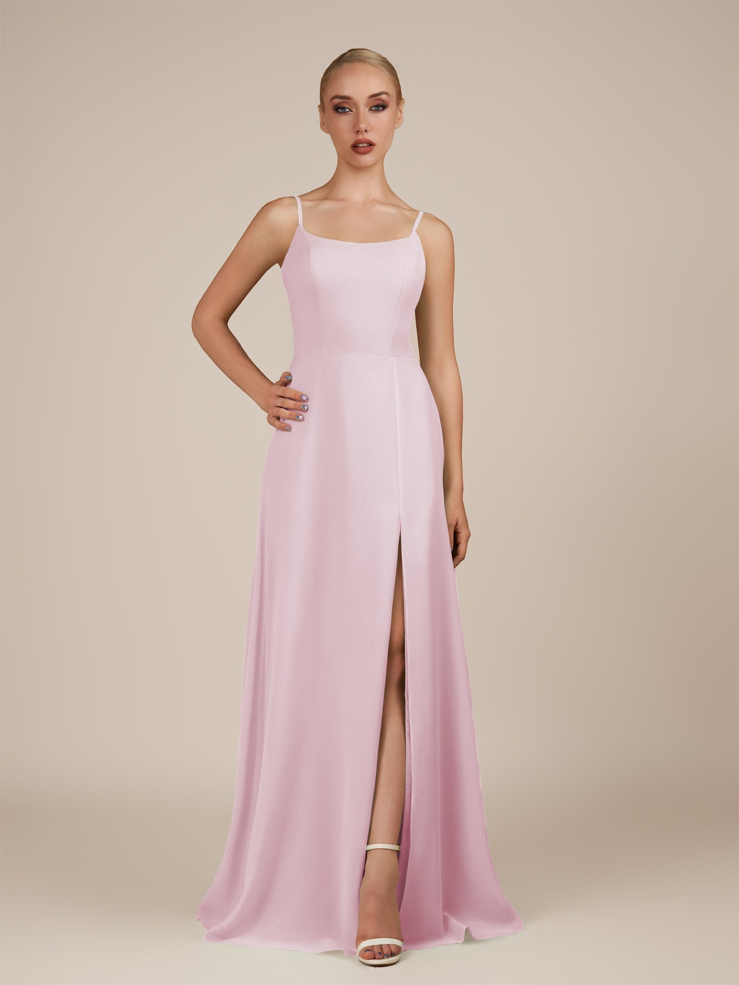 KissDress-Jovienne Candy Pink Sheath Scoop Neck Chiffon Long Bridesmaid Dress with Slit