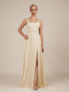 KissDress-Jovienne Champagne Sheath Scoop Neck Chiffon Long Bridesmaid Dress with Slit