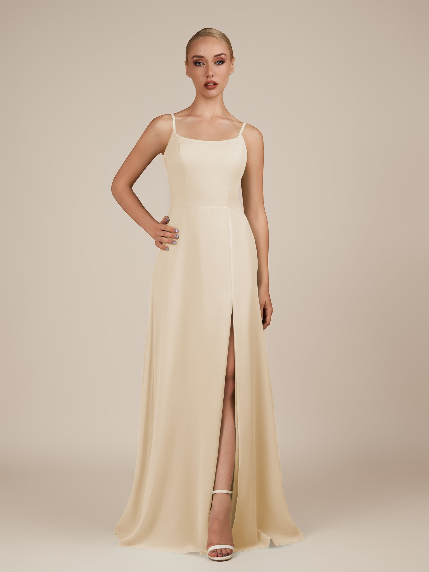 KissDress-Jovienne Champagne Sheath Scoop Neck Chiffon Long Bridesmaid Dress with Slit