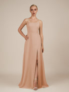 KissDress-Jovienne Champagne Rose Sheath Scoop Neck Chiffon Long Bridesmaid Dress with Slit