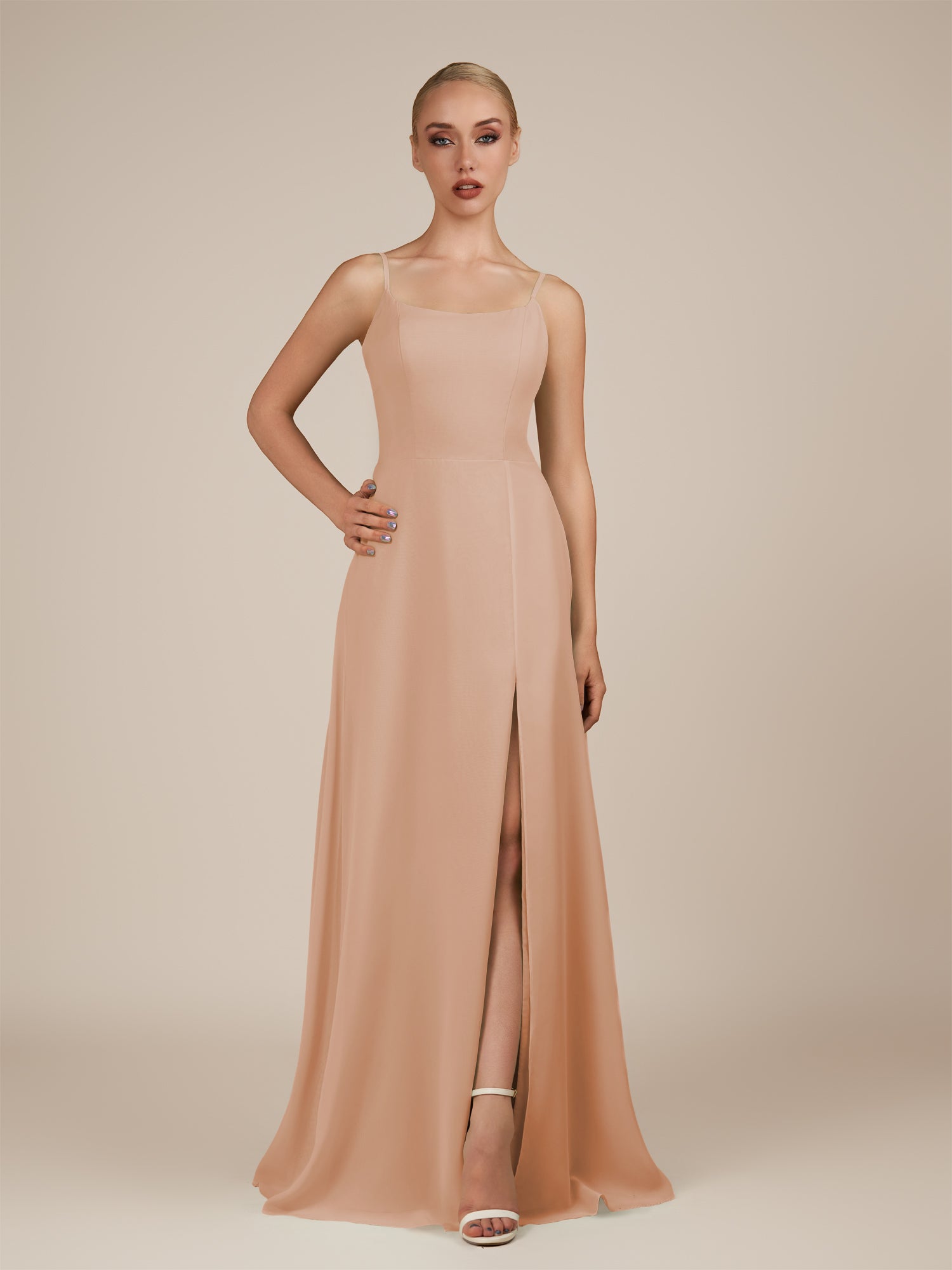KissDress-Jovienne Champagne Rose Sheath Scoop Neck Chiffon Long Bridesmaid Dress with Slit