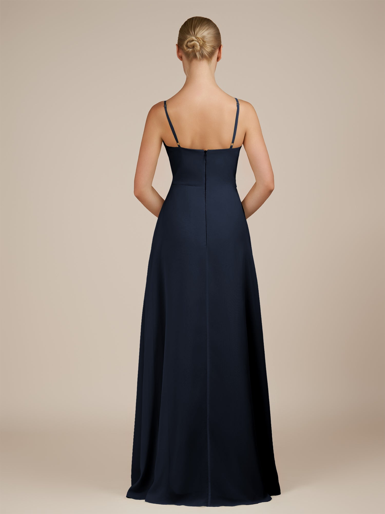 KissDress-Jovienne Dark Navy Sheath Scoop Neck Chiffon Long Bridesmaid Dress with Slit