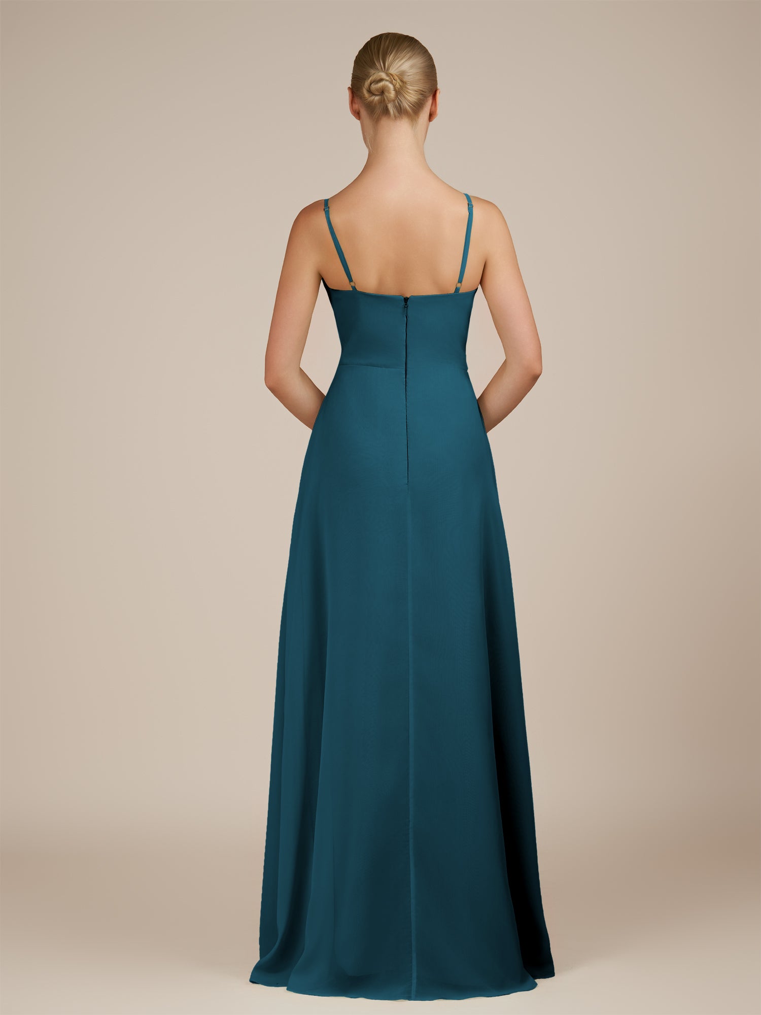 KissDress-Jovienne Dark Teal Sheath Scoop Neck Chiffon Long Bridesmaid Dress with Slit