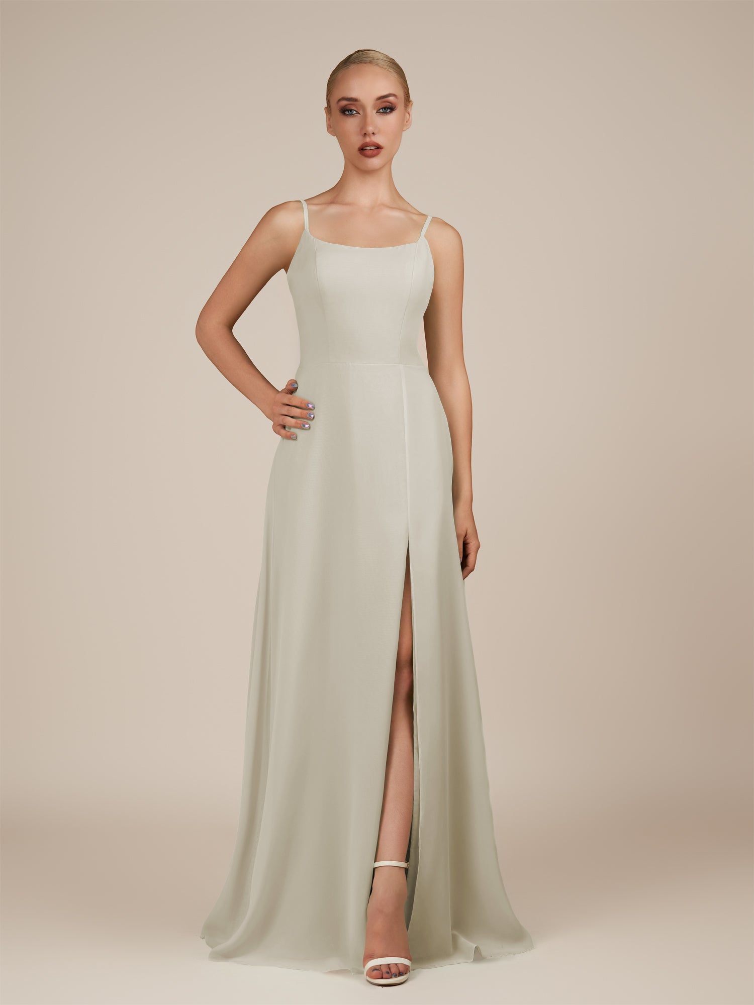 KissDress-Jovienne Dove Gray Sheath Scoop Neck Chiffon Long Bridesmaid Dress with Slit