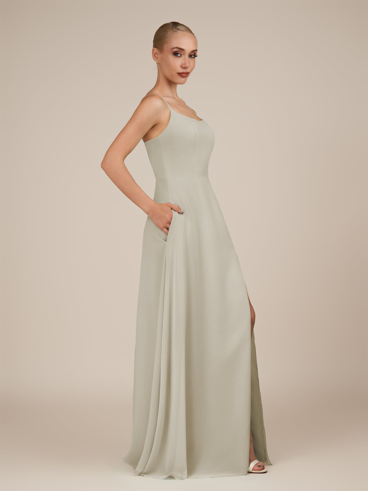 KissDress-Jovienne Dove Gray Sheath Scoop Neck Chiffon Long Bridesmaid Dress with Slit
