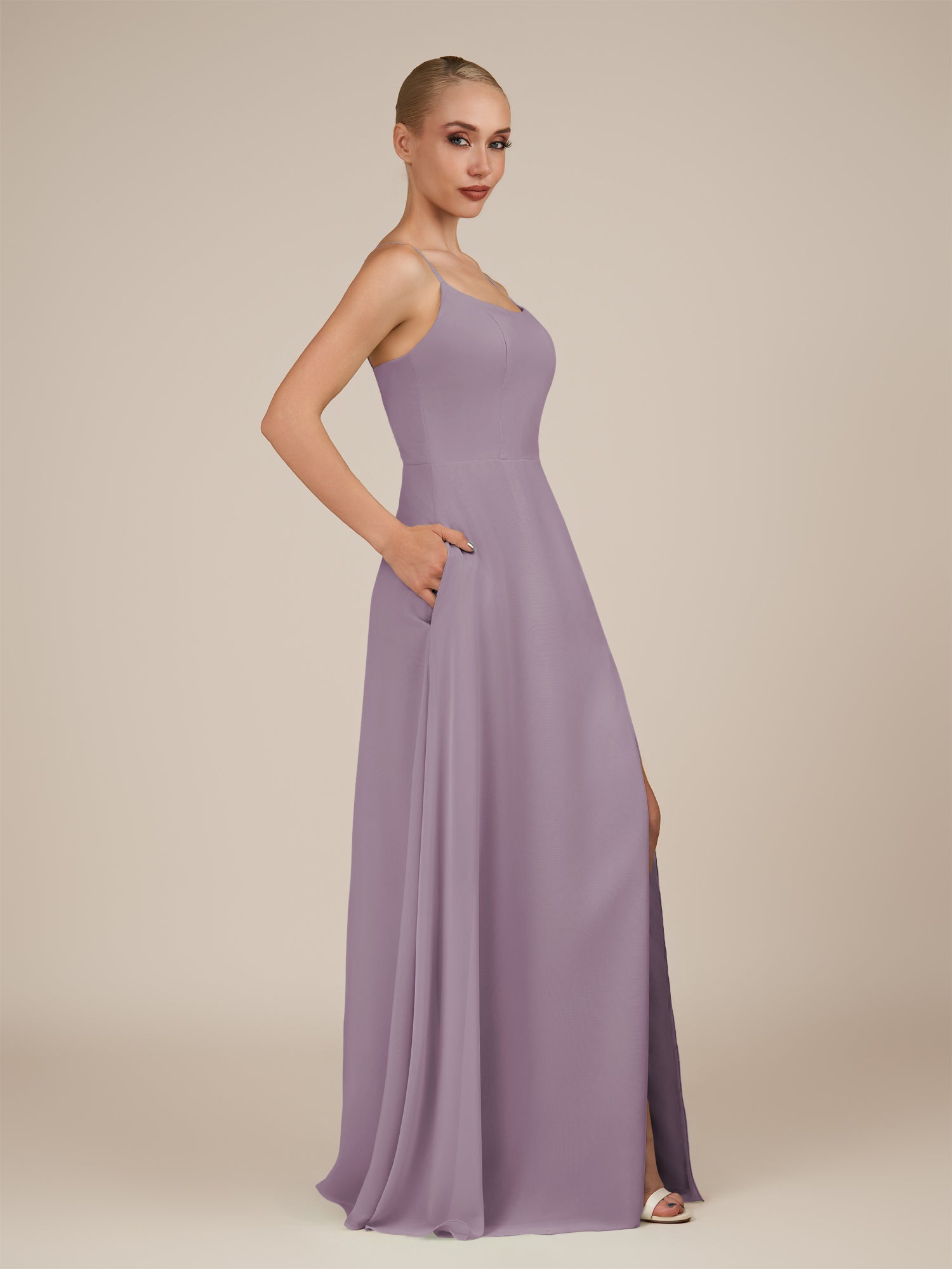 KissDress-Jovienne Dusk Sheath Scoop Neck Chiffon Long Bridesmaid Dress with Slit