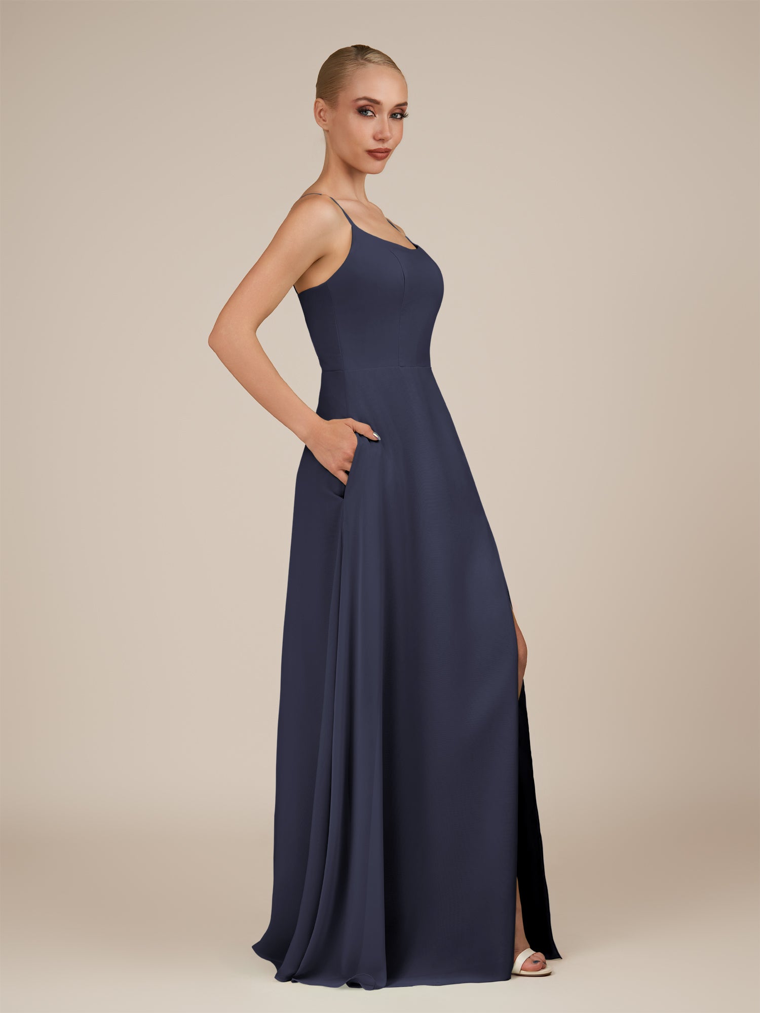 KissDress-Jovienne Dusk Blue Sheath Scoop Neck Chiffon Long Bridesmaid Dress with Slit