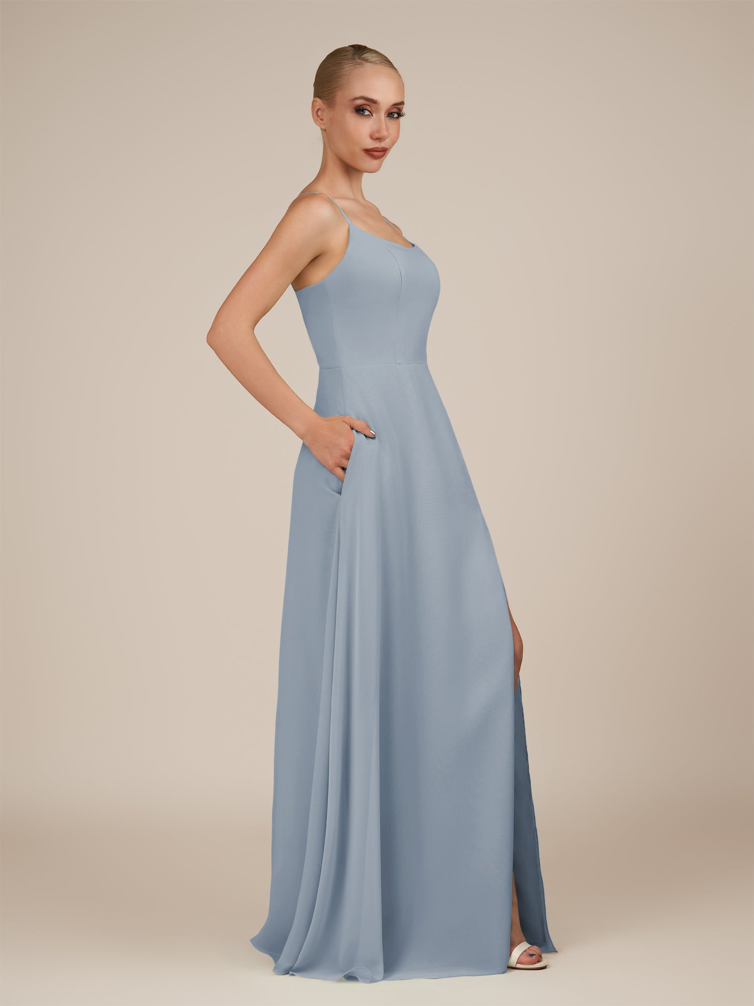 KissDress-Jovienne Dusty Blue Sheath Scoop Neck Chiffon Long Bridesmaid Dress with Slit