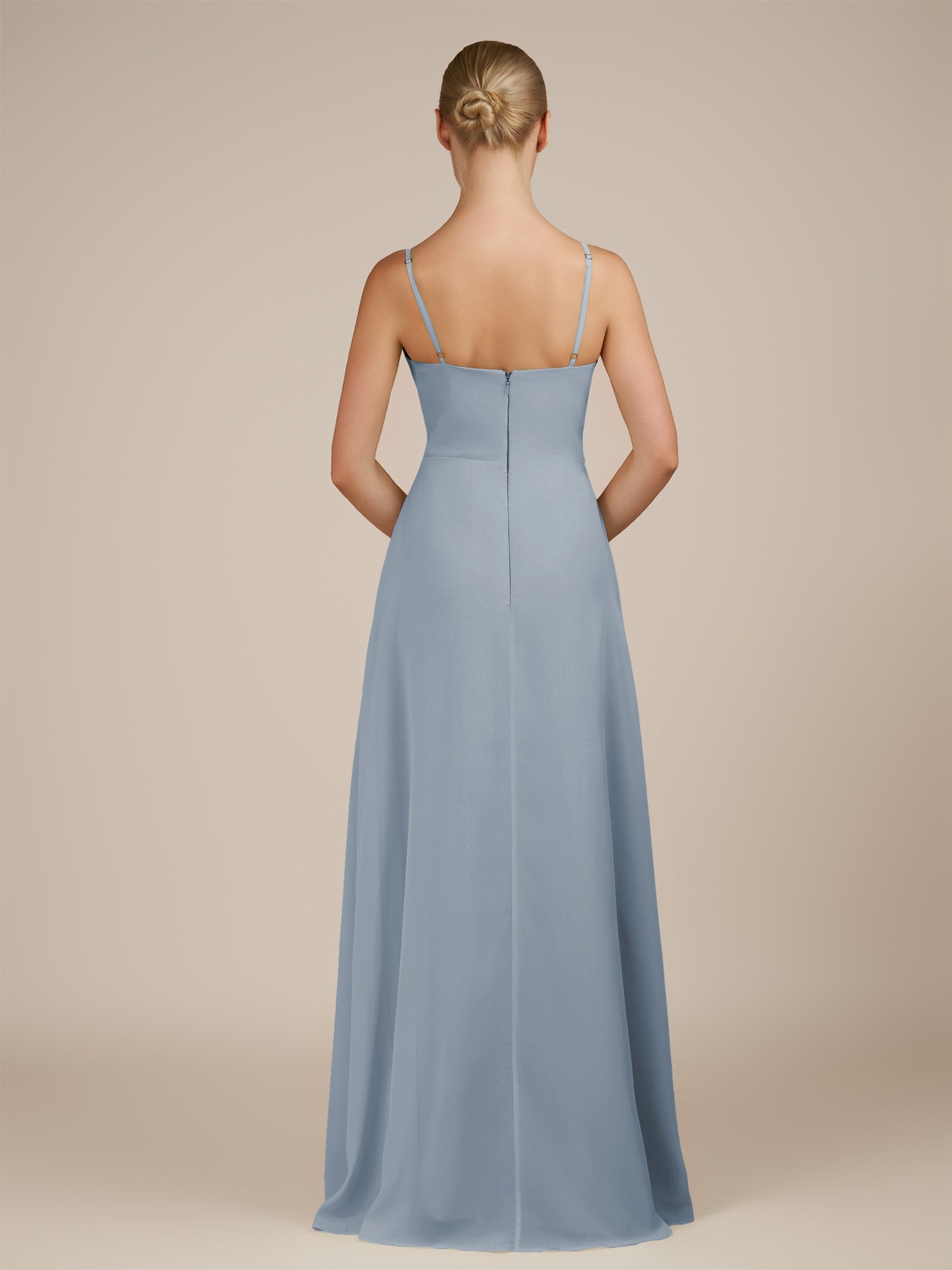 KissDress-Jovienne Dusty Blue Sheath Scoop Neck Chiffon Long Bridesmaid Dress with Slit