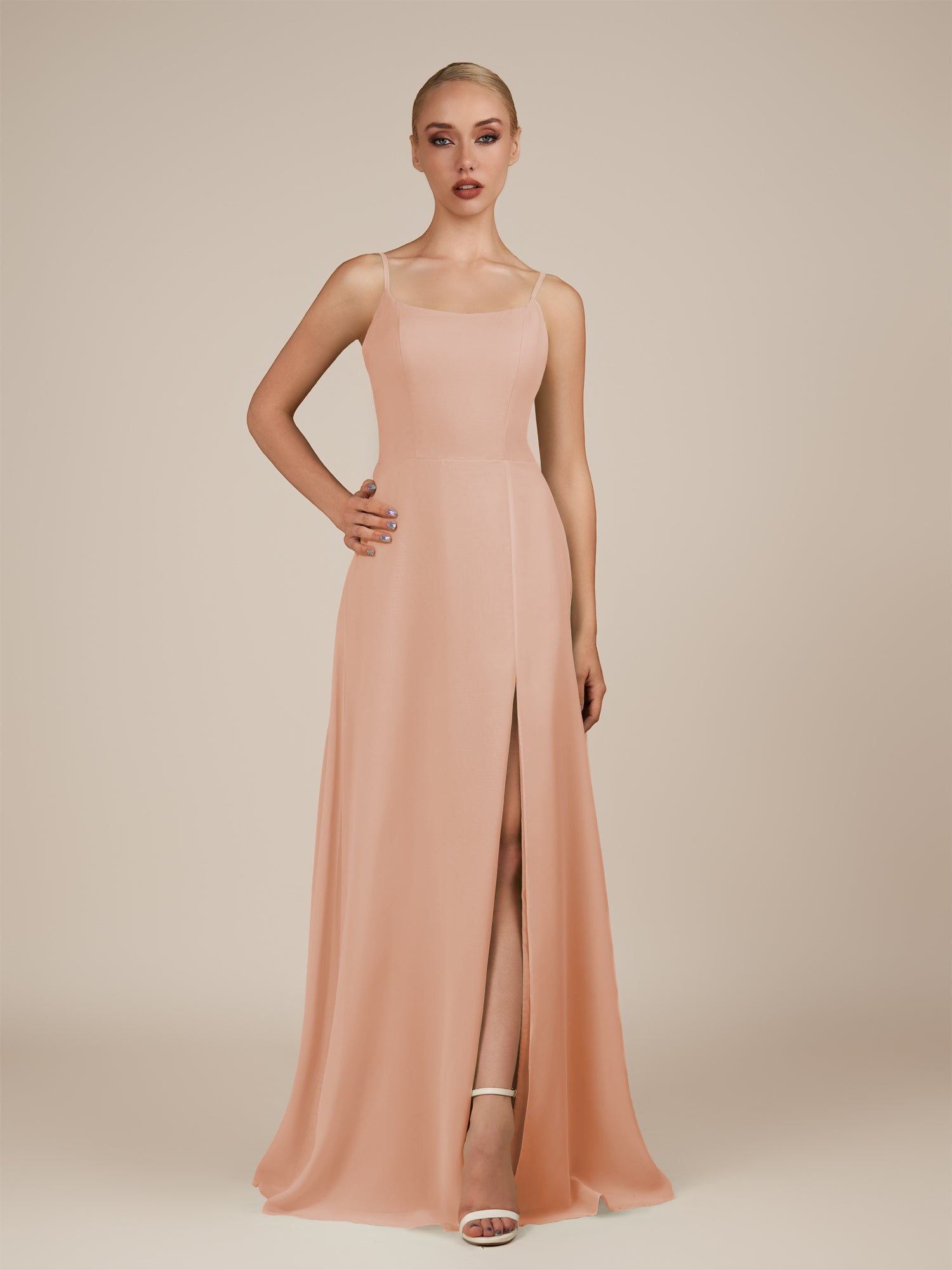 KissDress-Jovienne English Rose Sheath Scoop Neck Chiffon Long Bridesmaid Dress with Slit