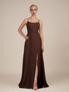 KissDress-Jovienne Espresso Sheath Scoop Neck Chiffon Long Bridesmaid Dress with Slit