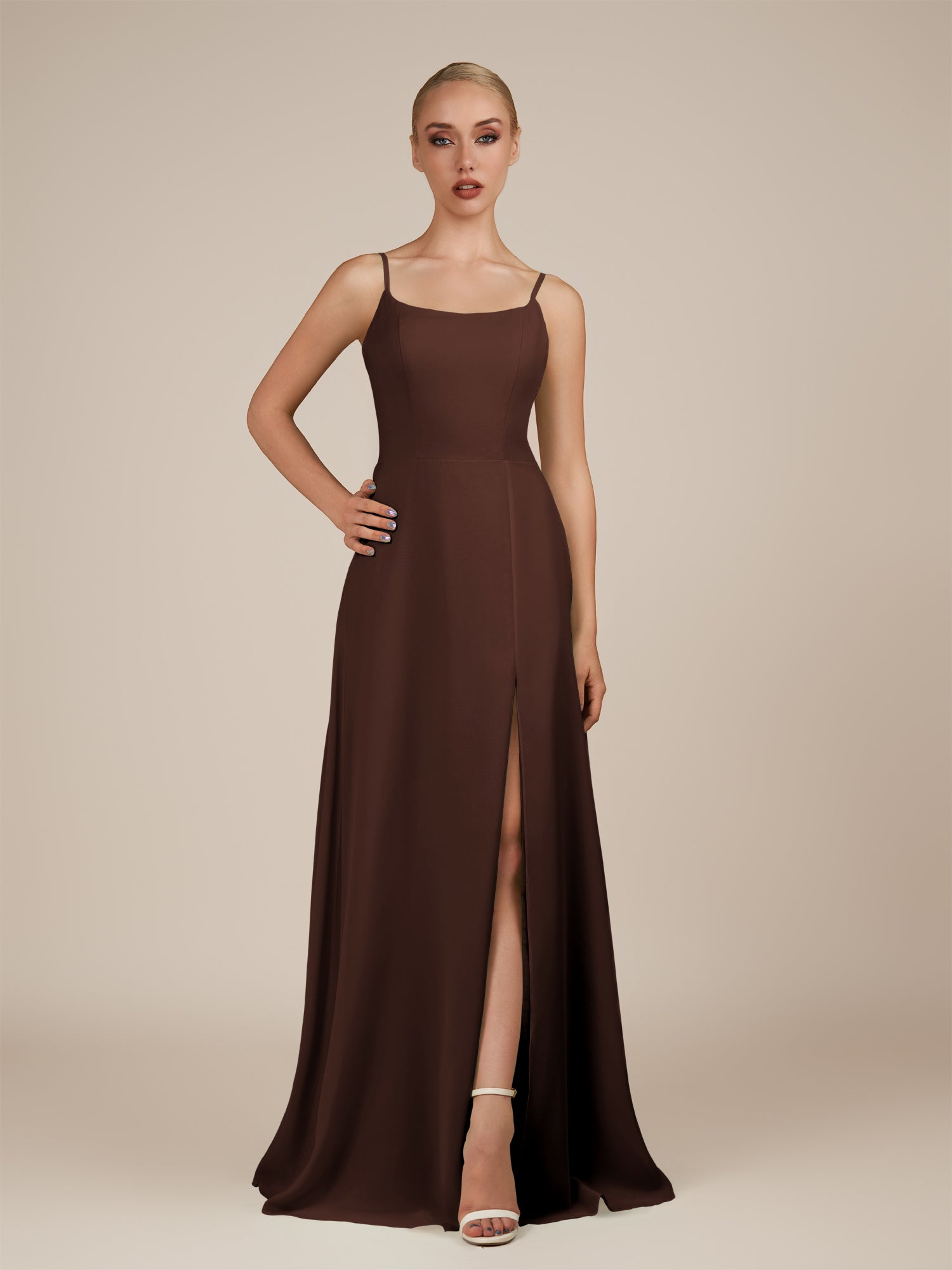 KissDress-Jovienne Espresso Sheath Scoop Neck Chiffon Long Bridesmaid Dress with Slit