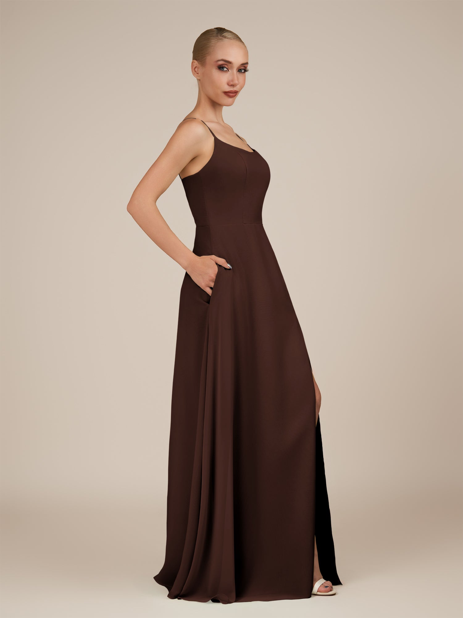KissDress-Jovienne Espresso Sheath Scoop Neck Chiffon Long Bridesmaid Dress with Slit