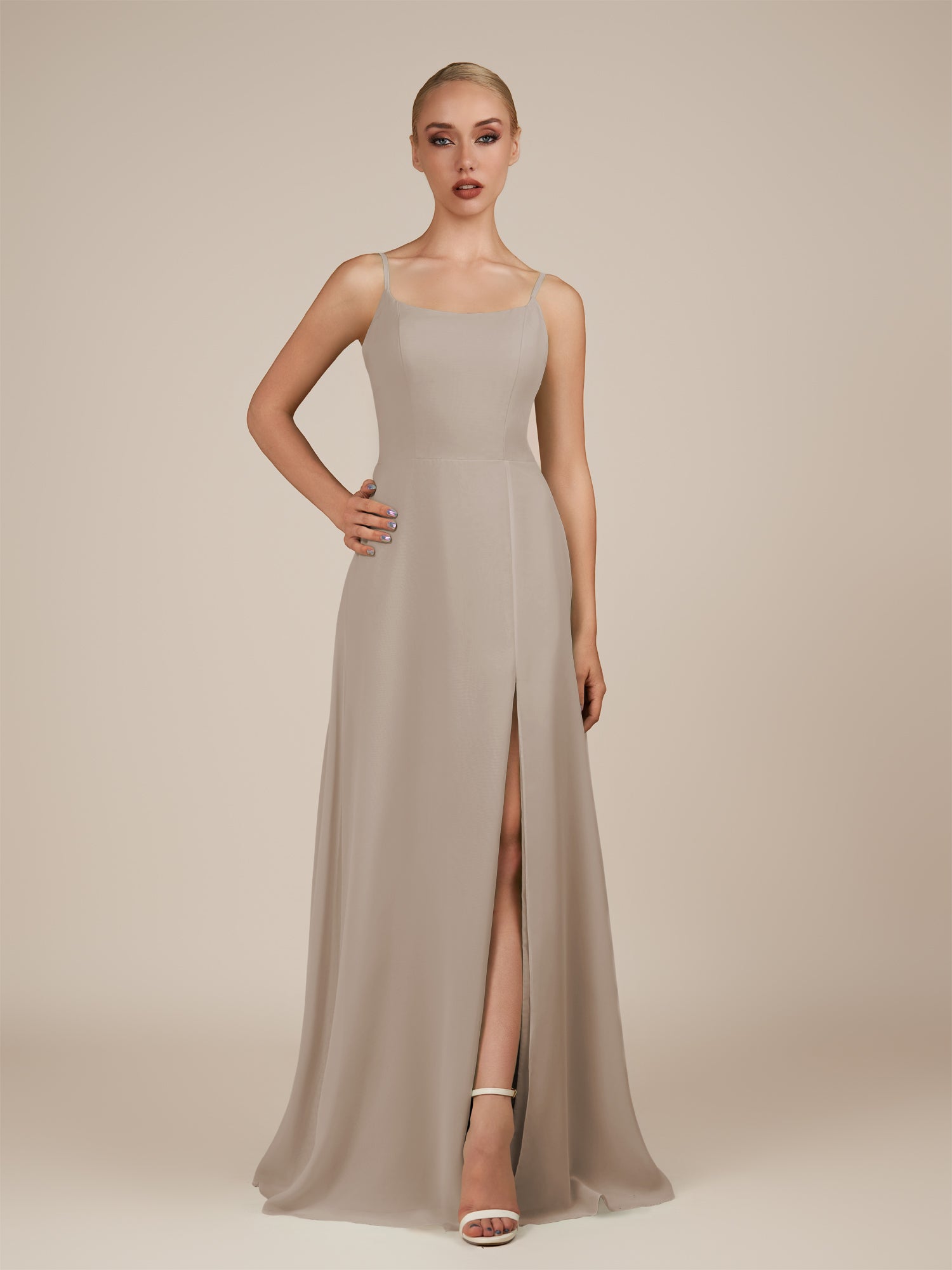 KissDress-Jovienne Frost Sheath Scoop Neck Chiffon Long Bridesmaid Dress with Slit
