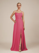 KissDress-Jovienne Fuchsia Sheath Scoop Neck Chiffon Long Bridesmaid Dress with Slit