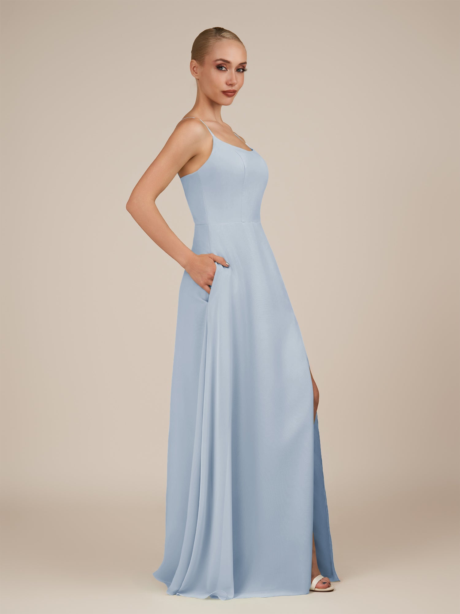 KissDress-Jovienne Ice Sheath Scoop Neck Chiffon Long Bridesmaid Dress with Slit