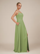 KissDress-Jovienne Matcha Sheath Scoop Neck Chiffon Long Bridesmaid Dress with Slit