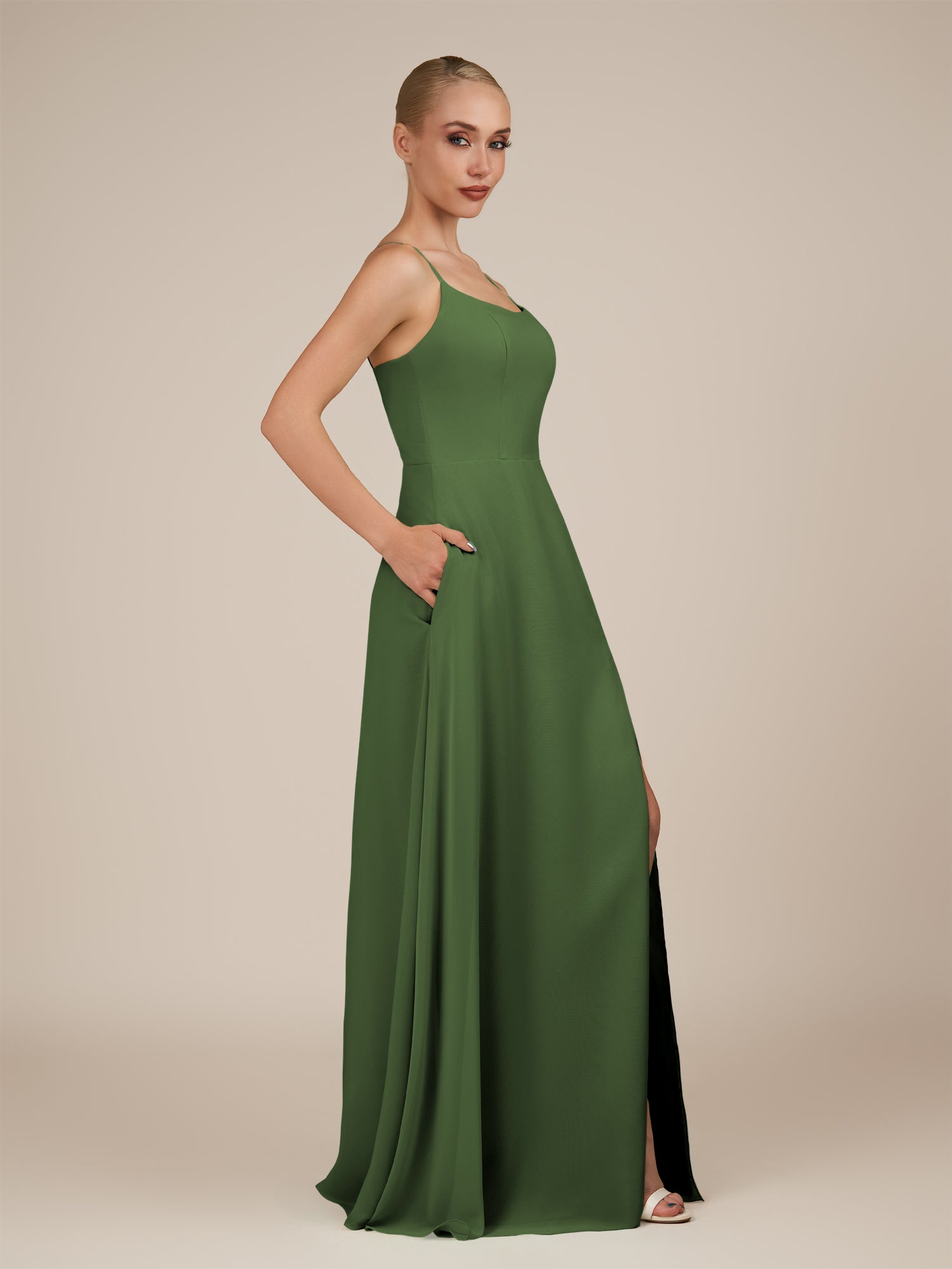 KissDress-Jovienne Moss Sheath Scoop Neck Chiffon Long Bridesmaid Dress with Slit