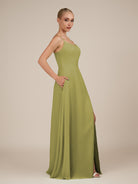 KissDress-Jovienne Moss Green Sheath Scoop Neck Chiffon Long Bridesmaid Dress with Slit