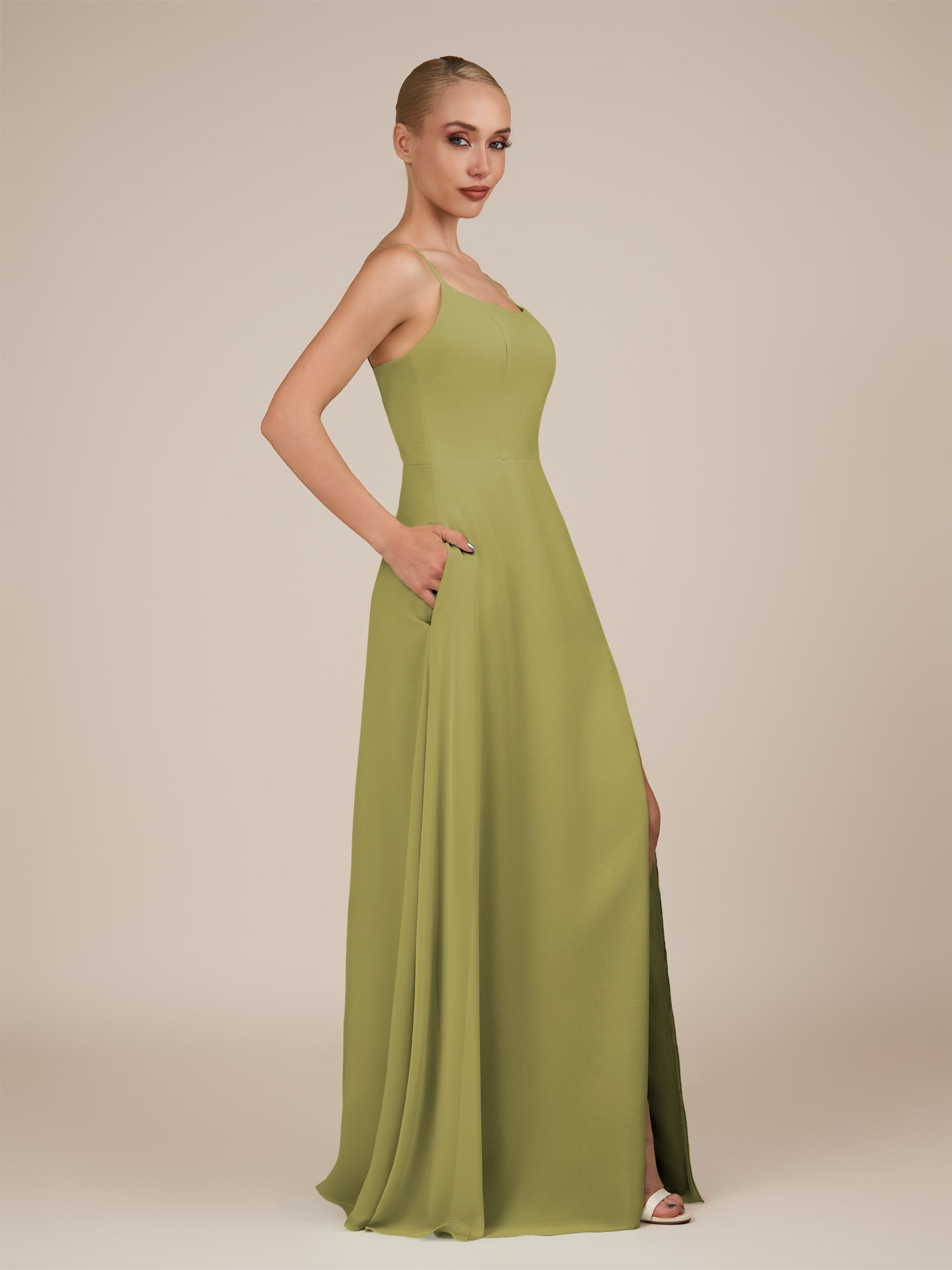 KissDress-Jovienne Moss Green Sheath Scoop Neck Chiffon Long Bridesmaid Dress with Slit