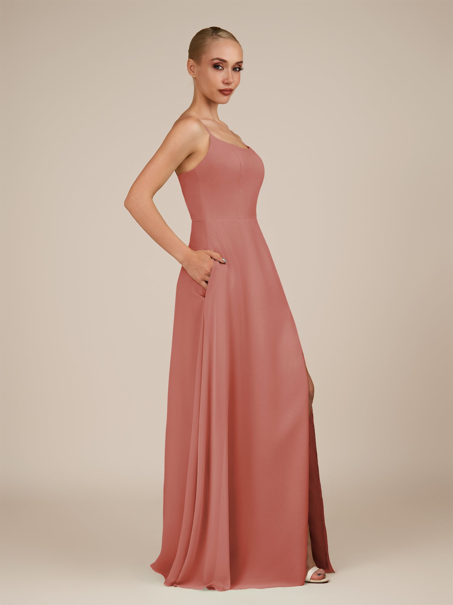 KissDress-Jovienne Mulberry Sheath Scoop Neck Chiffon Long Bridesmaid Dress with Slit