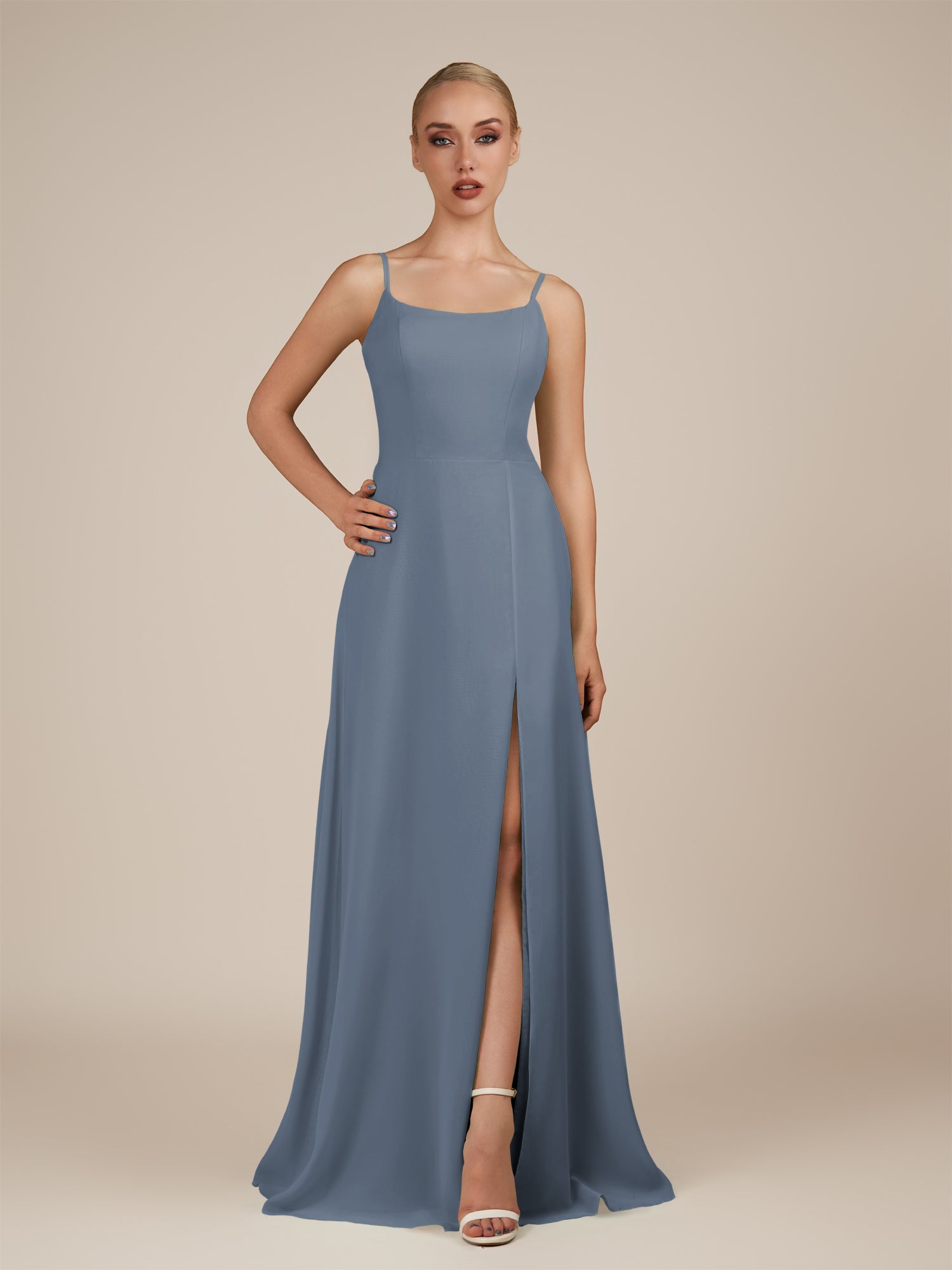 KissDress-Jovienne Neptune Sheath Scoop Neck Chiffon Long Bridesmaid Dress with Slit