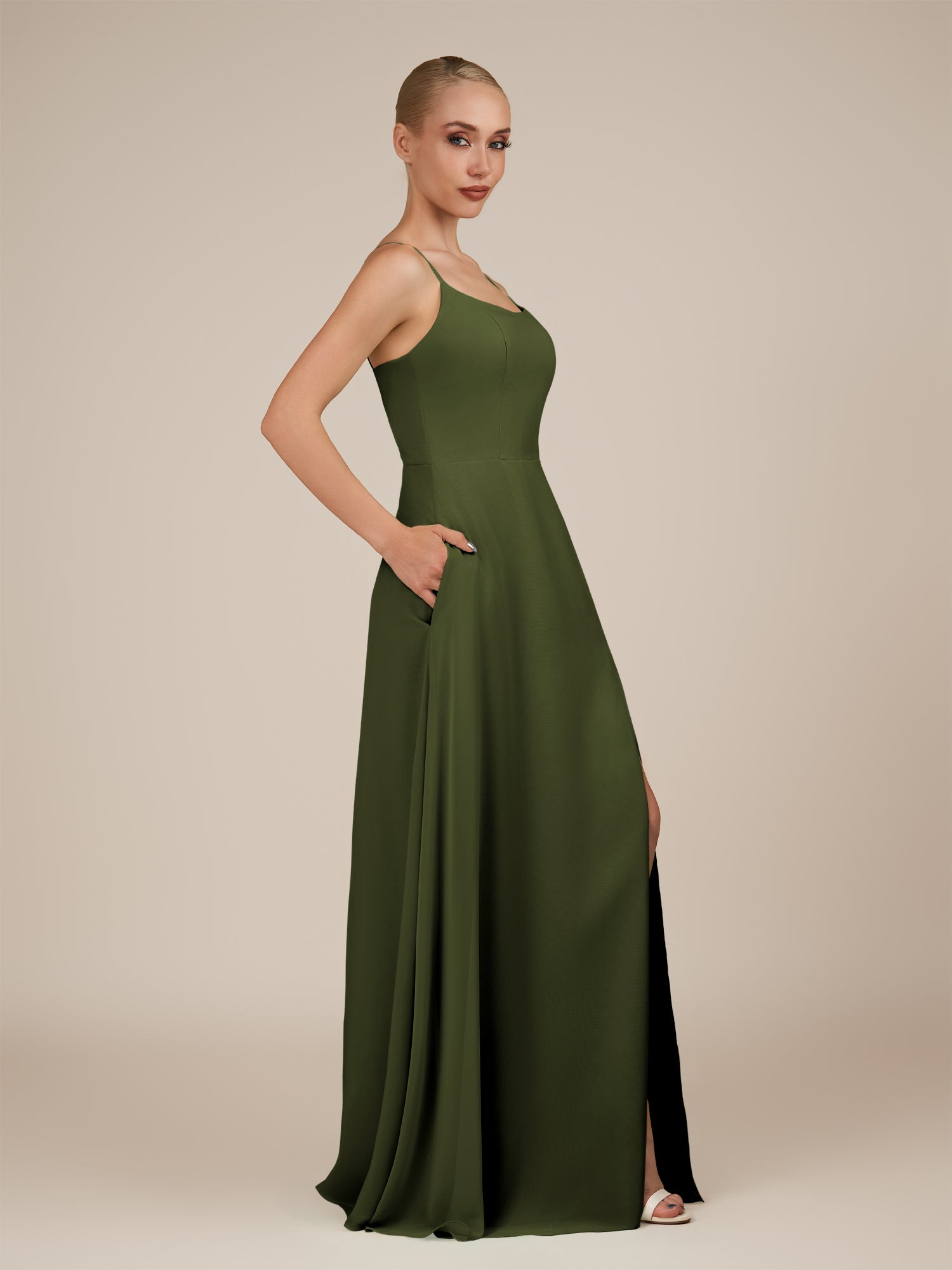 KissDress-Jovienne Olive Sheath Scoop Neck Chiffon Long Bridesmaid Dress with Slit