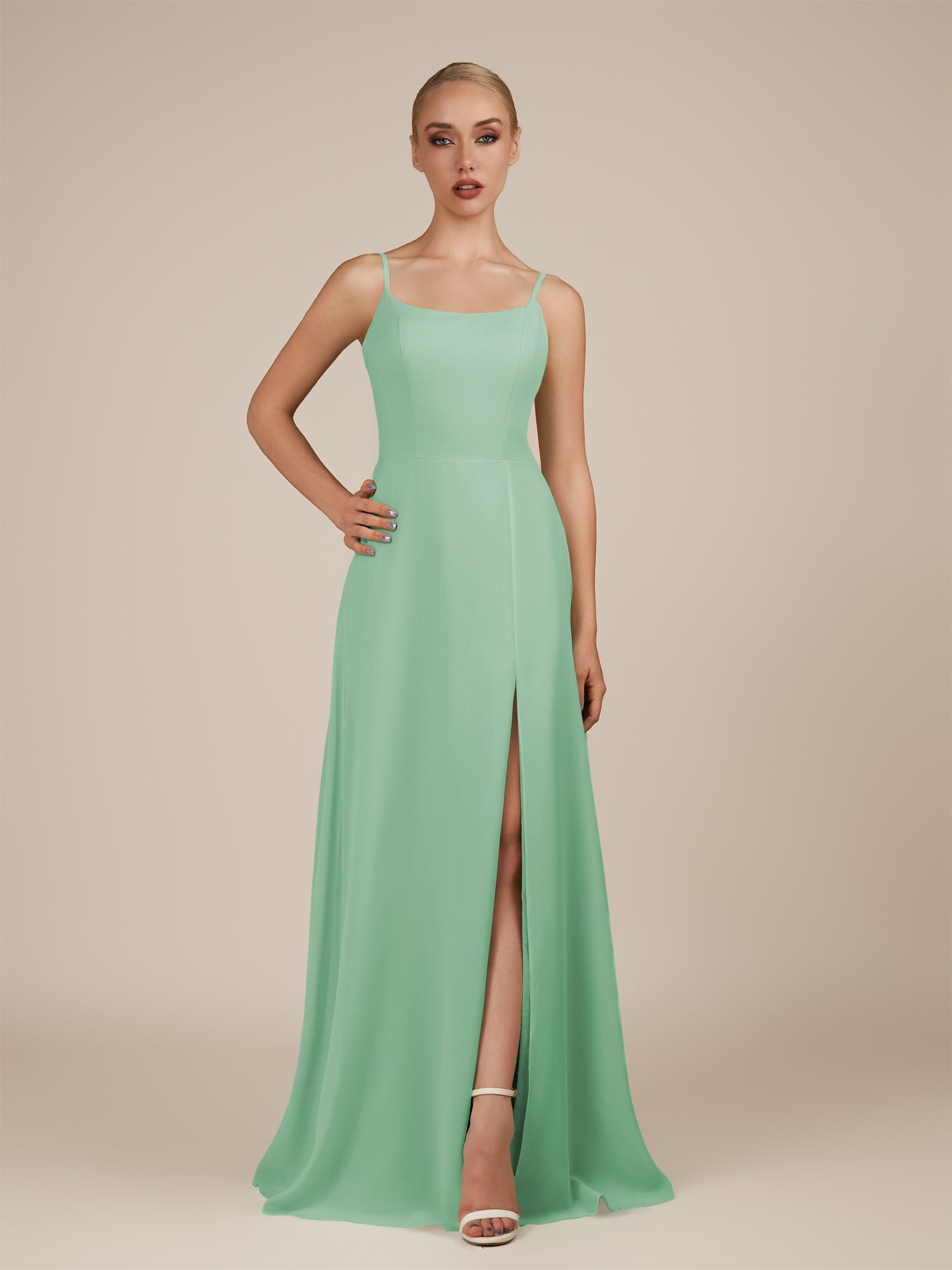 KissDress-Jovienne Pale Pistachio Sheath Scoop Neck Chiffon Long Bridesmaid Dress with Slit