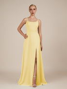 KissDress-Jovienne Pastel Yellow Sheath Scoop Neck Chiffon Long Bridesmaid Dress with Slit