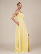 KissDress-Jovienne Pastel Yellow Sheath Scoop Neck Chiffon Long Bridesmaid Dress with Slit
