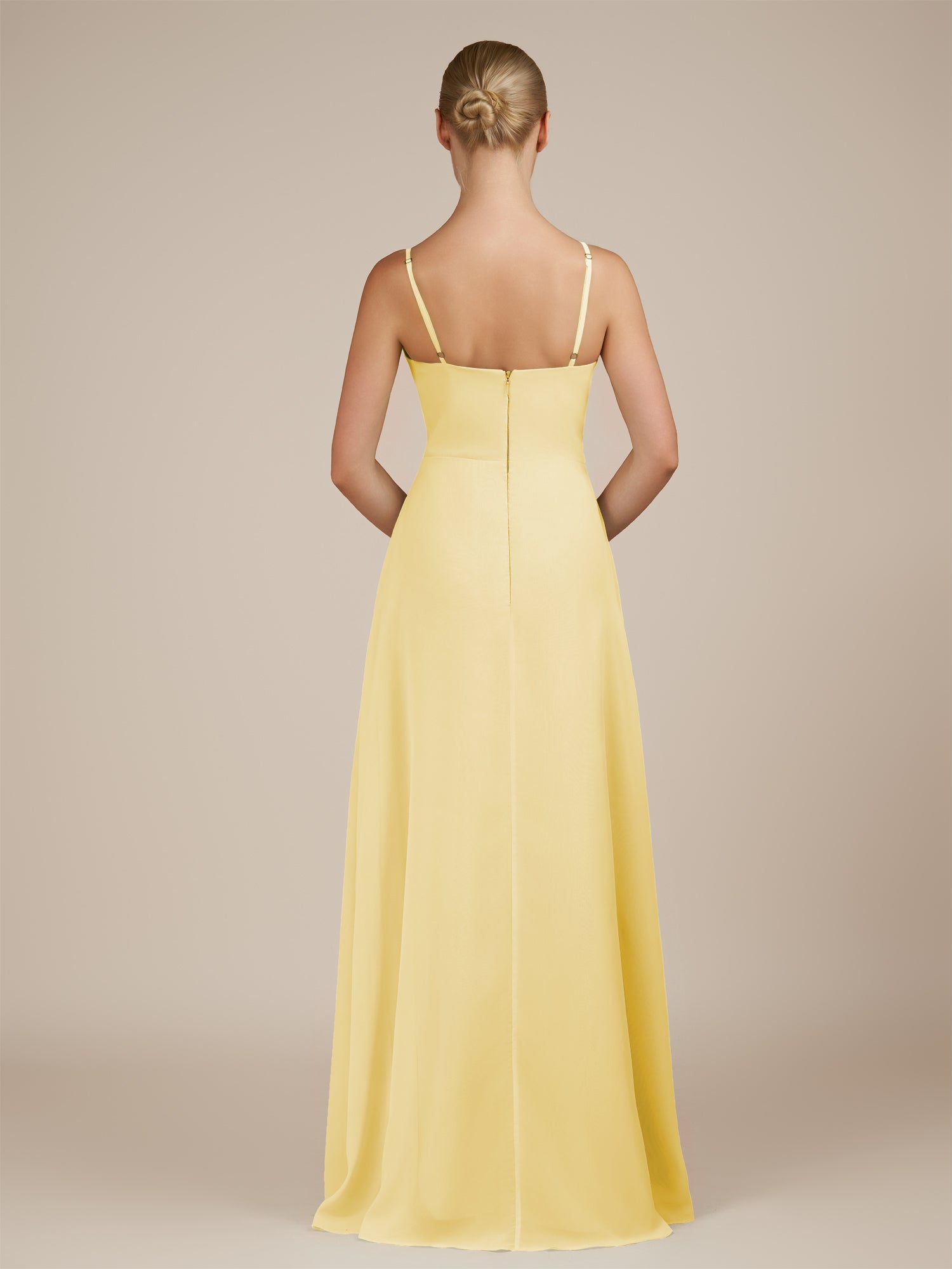 KissDress-Jovienne Pastel Yellow Sheath Scoop Neck Chiffon Long Bridesmaid Dress with Slit