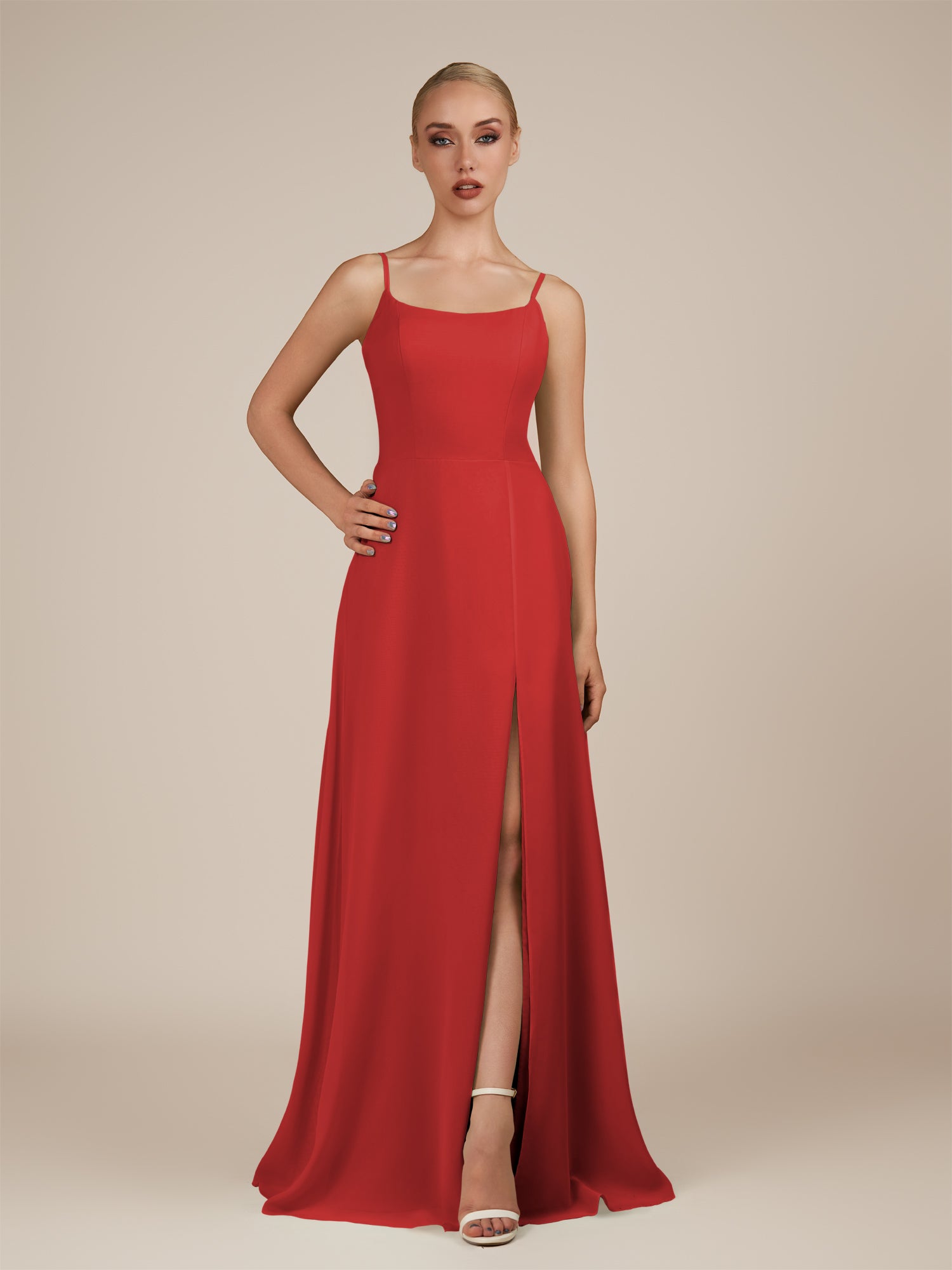 KissDress-Jovienne Ruby Red Sheath Scoop Neck Chiffon Long Bridesmaid Dress with Slit