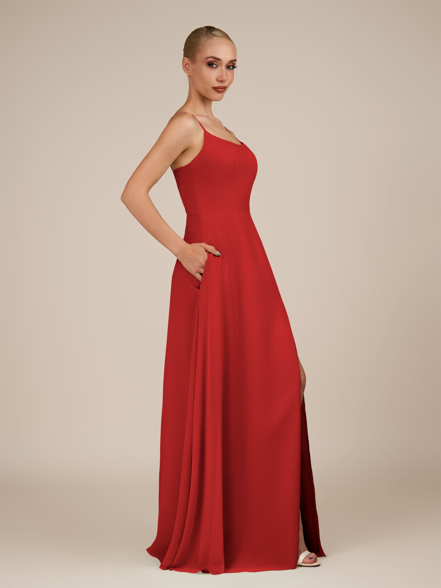 KissDress-Jovienne Ruby Red Sheath Scoop Neck Chiffon Long Bridesmaid Dress with Slit