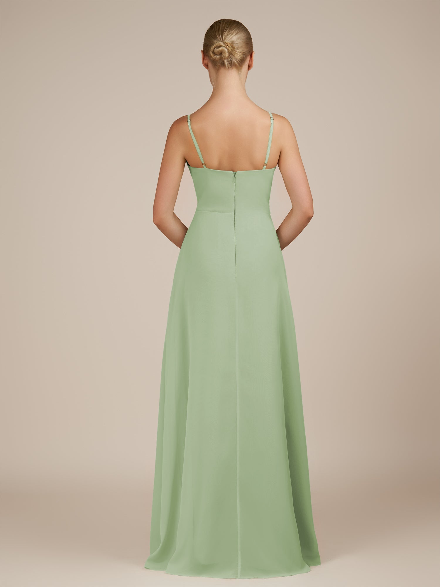 KissDress-Jovienne Sage Sheath Scoop Neck Chiffon Long Bridesmaid Dress with Slit