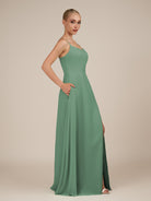 KissDress-Jovienne Sea Glass Sheath Scoop Neck Chiffon Long Bridesmaid Dress with Slit