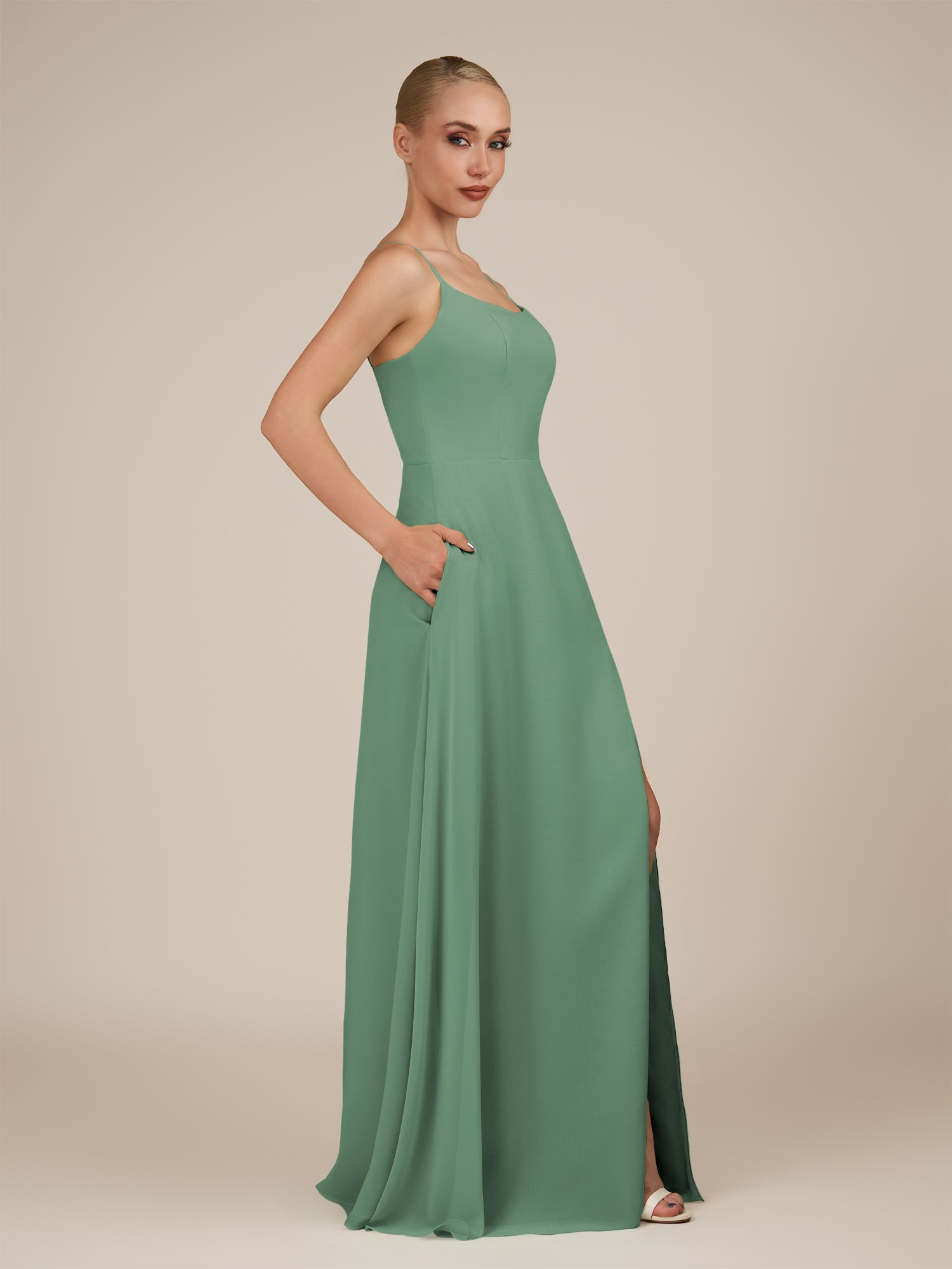 KissDress-Jovienne Sea Glass Sheath Scoop Neck Chiffon Long Bridesmaid Dress with Slit