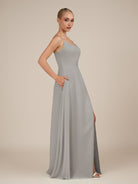 KissDress-Jovienne Silver Sheath Scoop Neck Chiffon Long Bridesmaid Dress with Slit