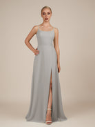 KissDress-Jovienne Silver Sheath Scoop Neck Chiffon Long Bridesmaid Dress with Slit