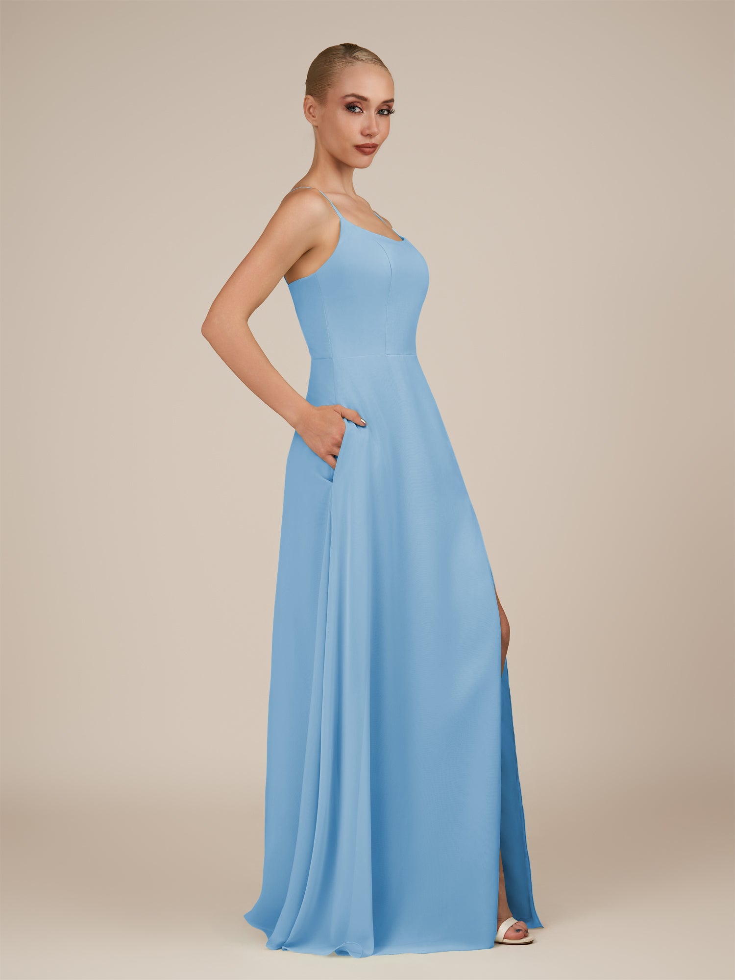 KissDress-Jovienne Steel Blue Sheath Scoop Neck Chiffon Long Bridesmaid Dress with Slit