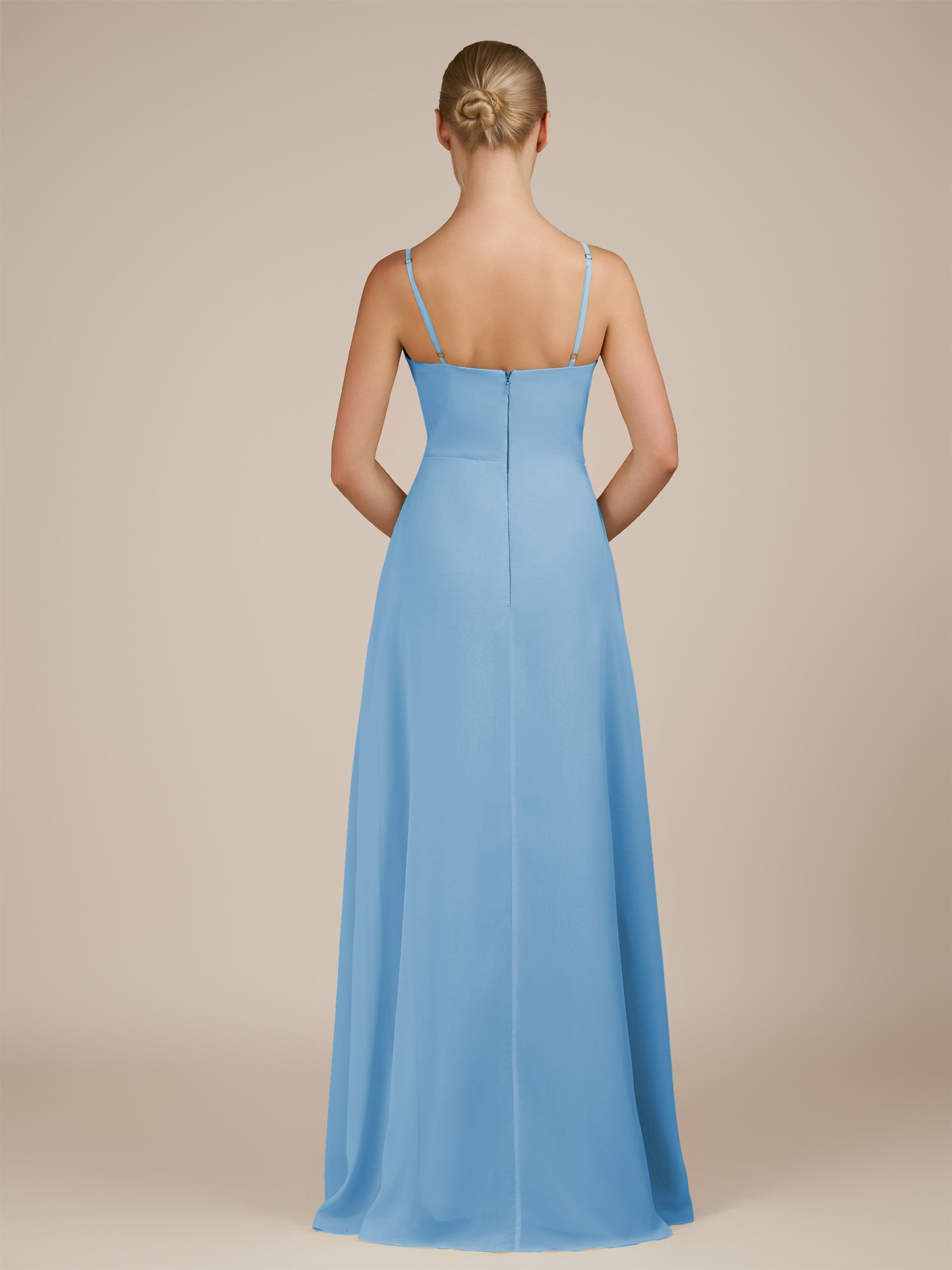 KissDress-Jovienne Steel Blue Sheath Scoop Neck Chiffon Long Bridesmaid Dress with Slit