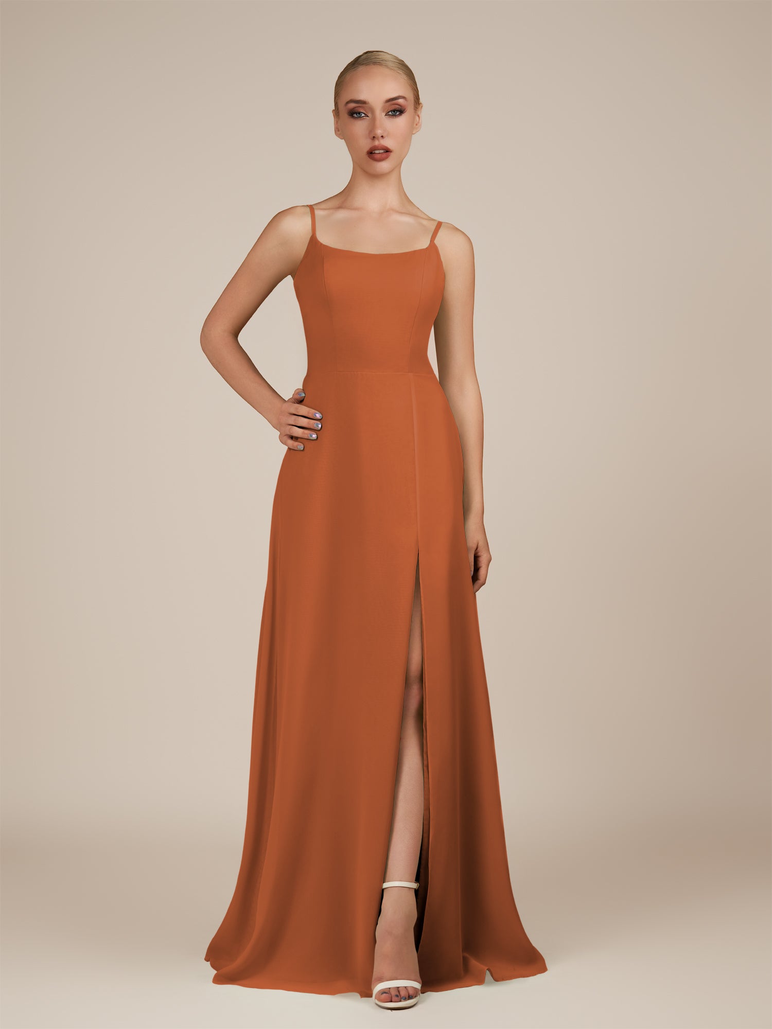 KissDress-Jovienne Terracotta Sheath Scoop Neck Chiffon Long Bridesmaid Dress with Slit