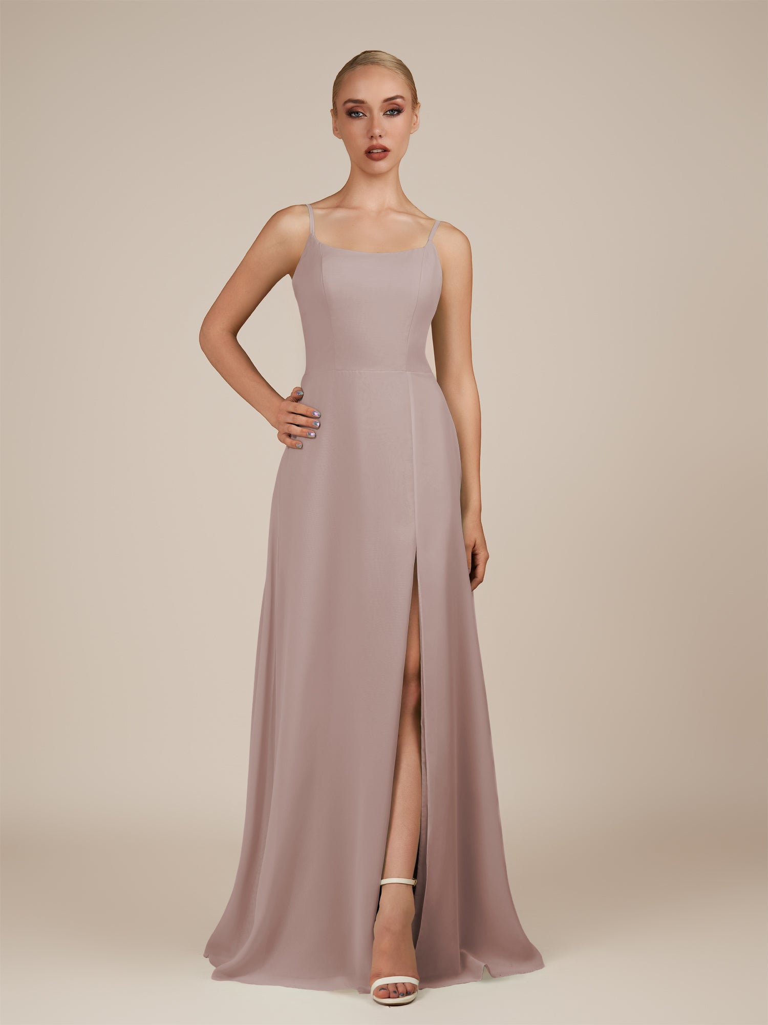 KissDress-Jovienne Toffee Sheath Scoop Neck Chiffon Long Bridesmaid Dress with Slit