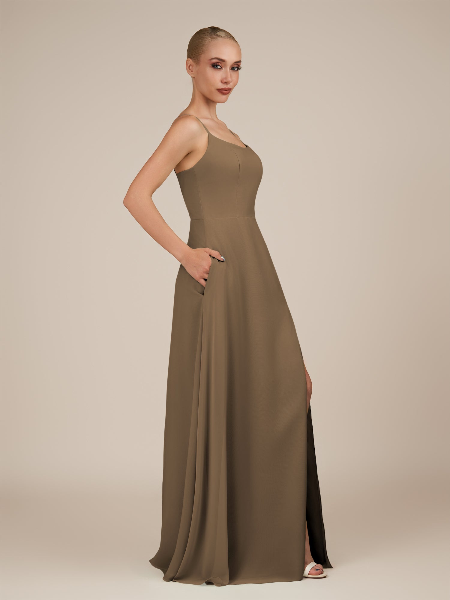 KissDress-Jovienne Willow Green Sheath Scoop Neck Chiffon Long Bridesmaid Dress with Slit