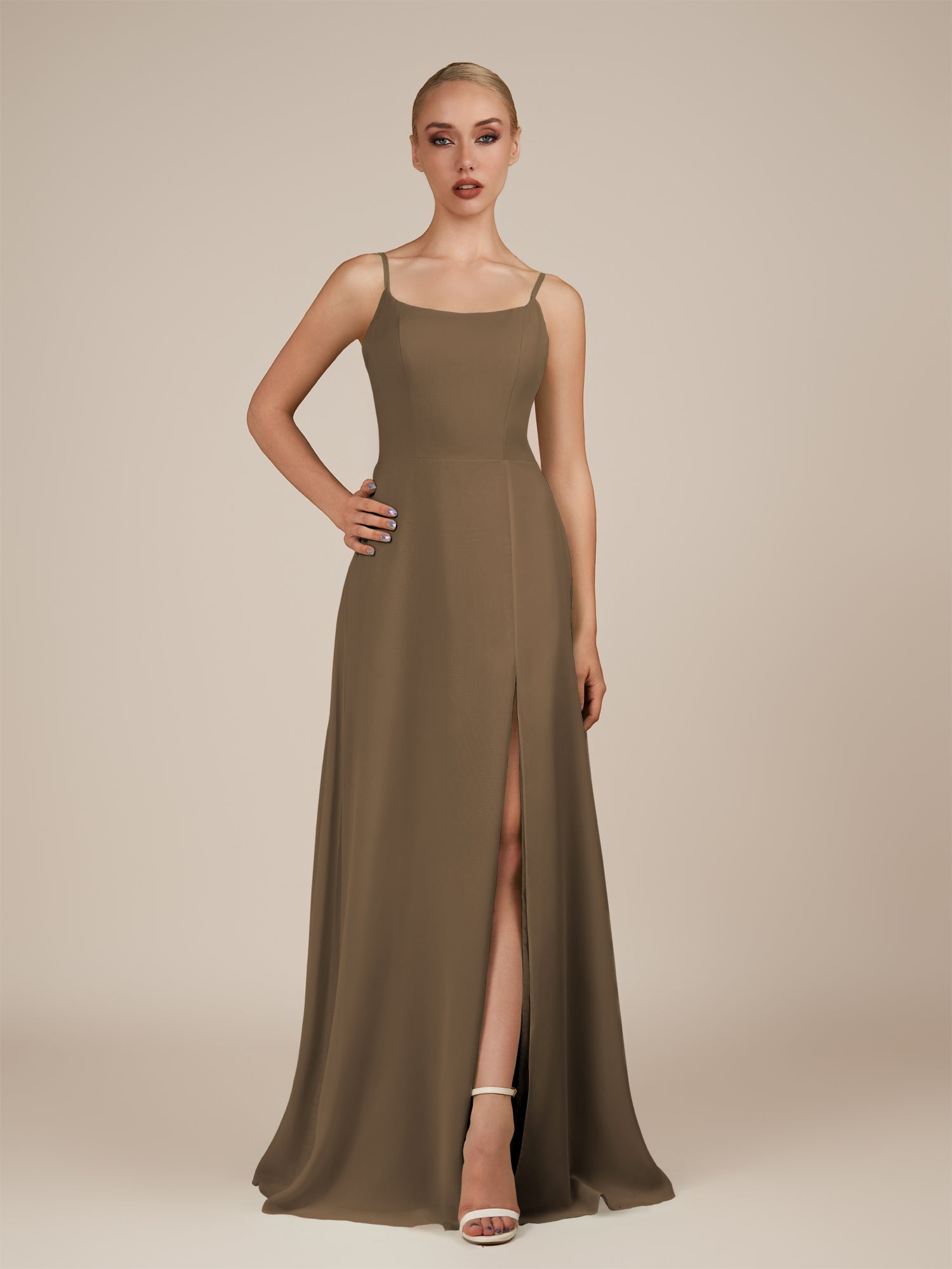 KissDress-Jovienne Willow Green Sheath Scoop Neck Chiffon Long Bridesmaid Dress with Slit