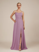 KissDress-Jovienne Wisteria Sheath Scoop Neck Chiffon Long Bridesmaid Dress with Slit