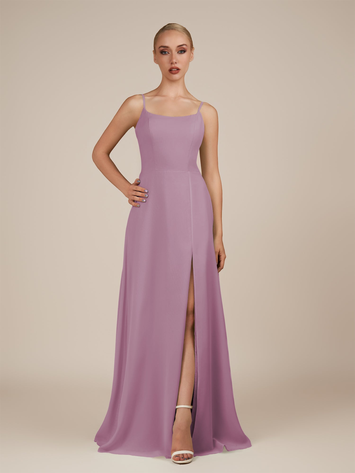KissDress-Jovienne Wisteria Sheath Scoop Neck Chiffon Long Bridesmaid Dress with Slit