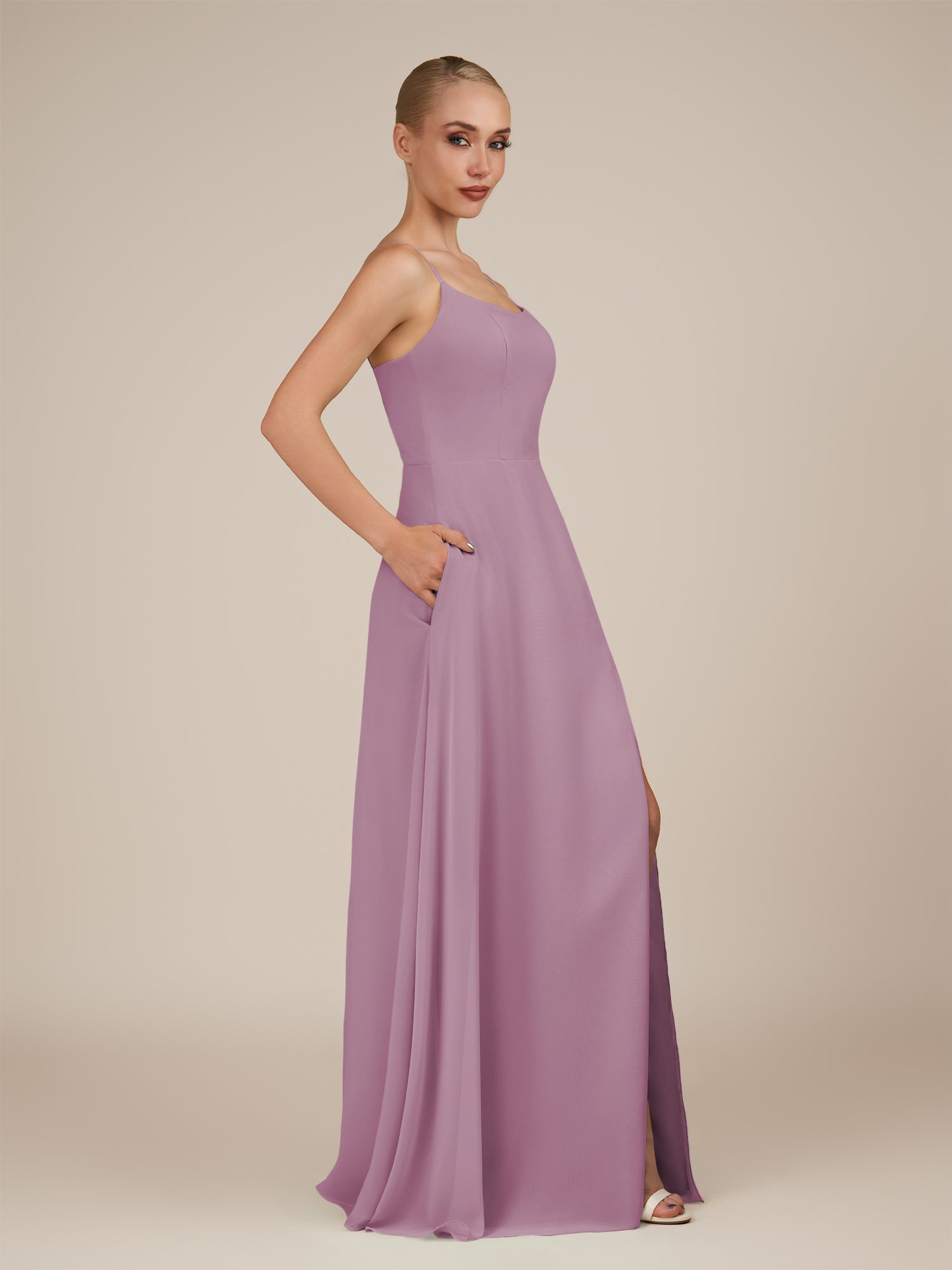 KissDress-Jovienne Wisteria Sheath Scoop Neck Chiffon Long Bridesmaid Dress with Slit