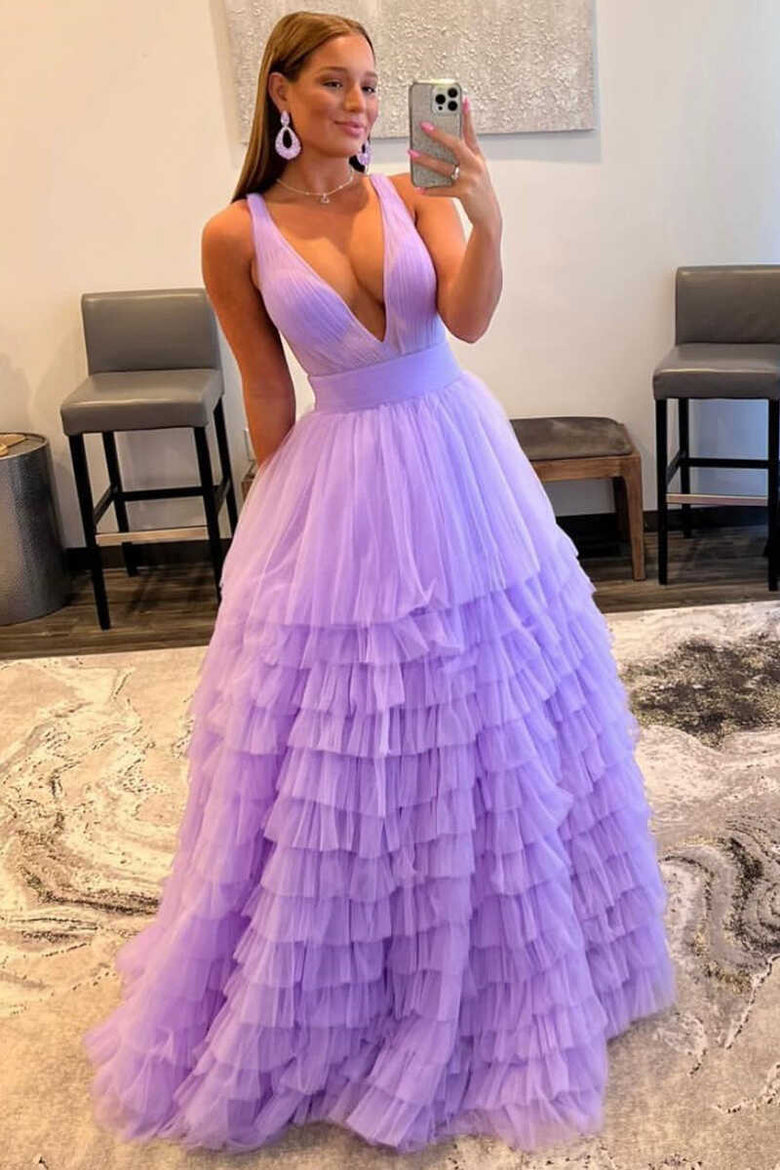 A-line Orange V-Neck Tulle Long Prom Dress