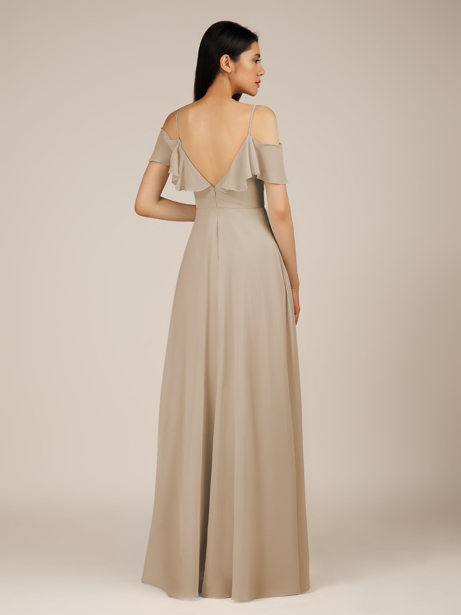 KissDress-Junessa Almond A Line Off the Shoulder Chiffon Long Bridesmaid Dress with Ruffles