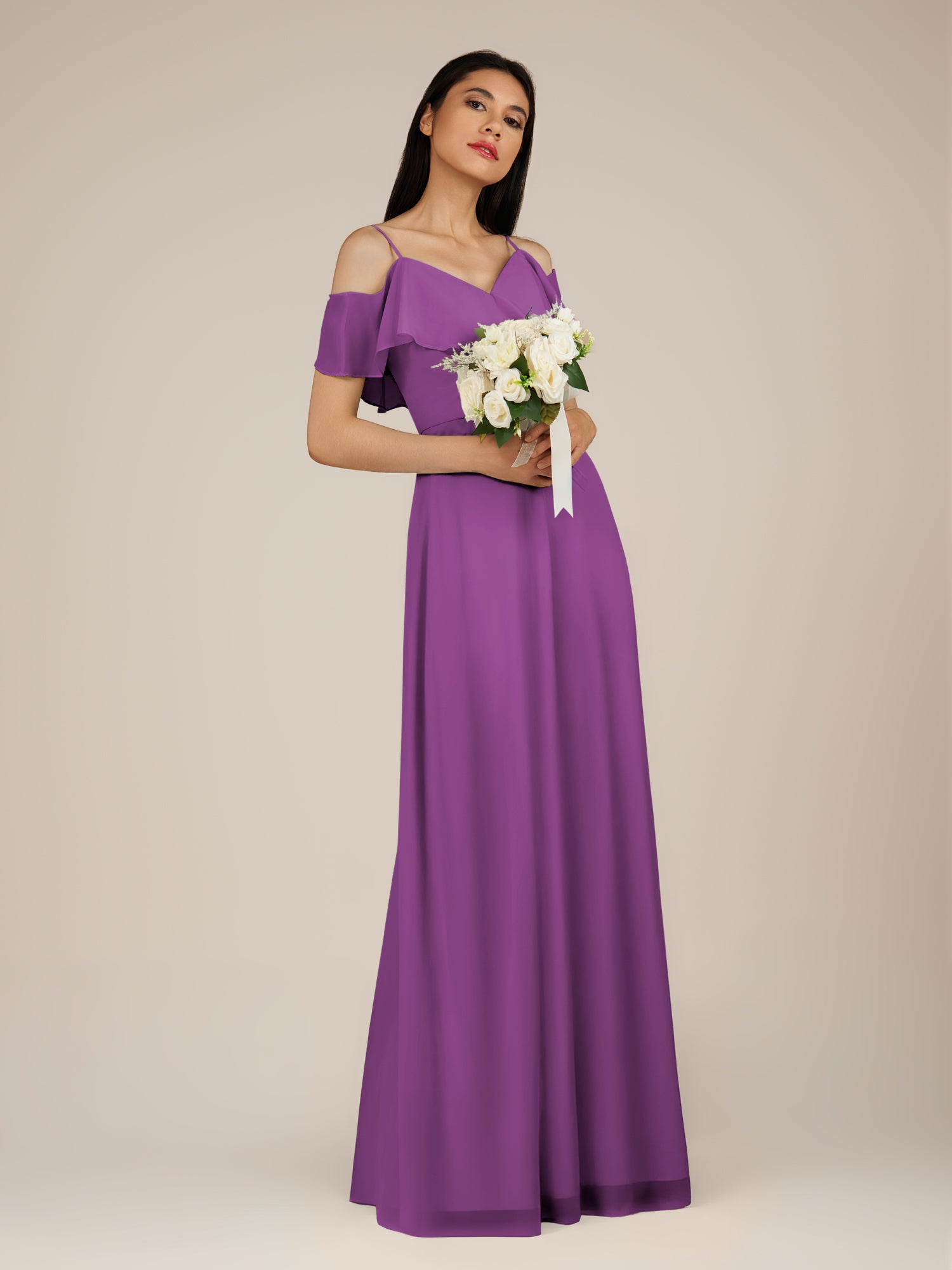 KissDress-Junessa Amethyst A Line Off the Shoulder Chiffon Long Bridesmaid Dress with Ruffles